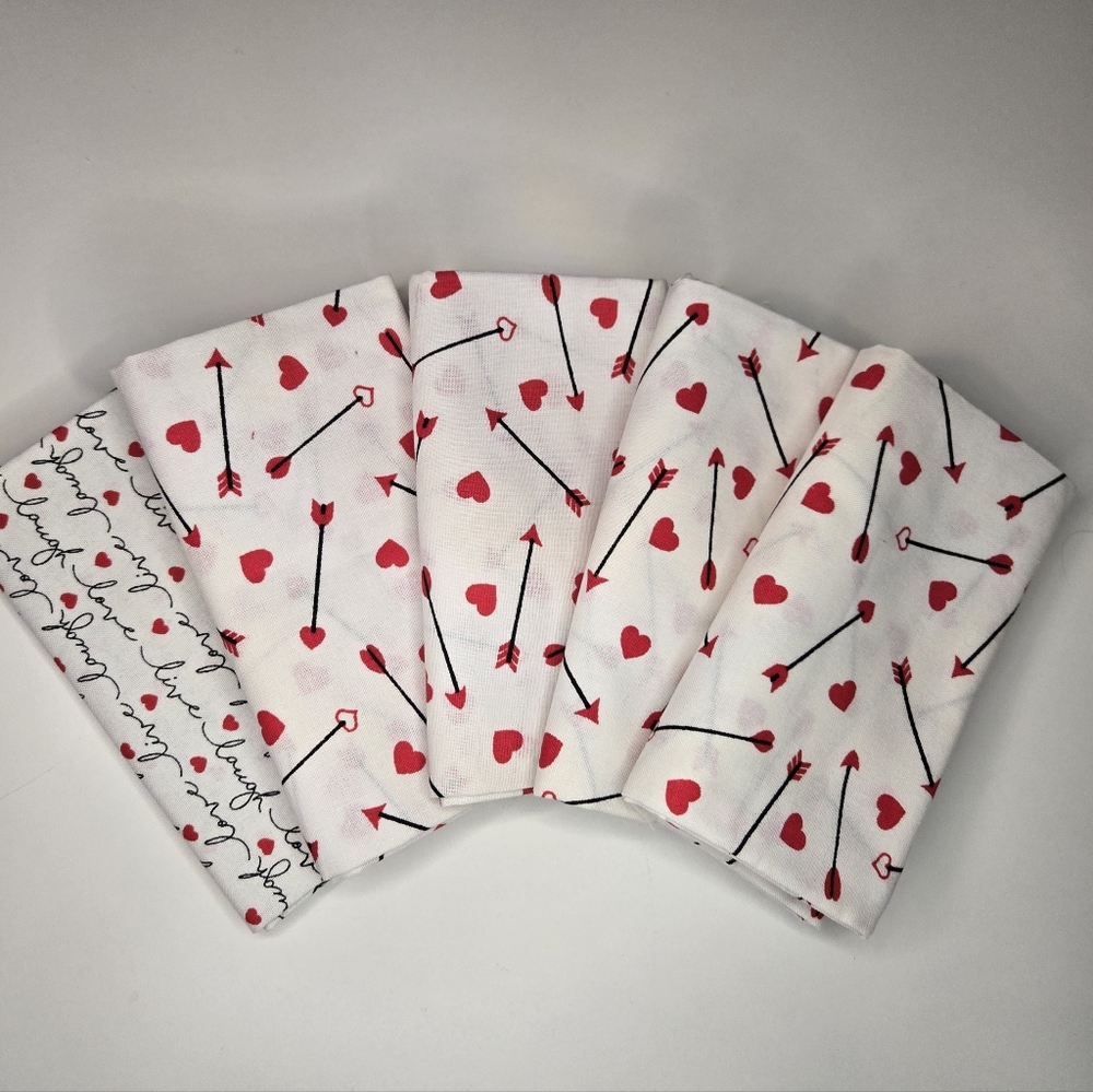 Valentine's Day Hearts Arrows Fabric Fat Quarters Set Of 5 100% Cotton
